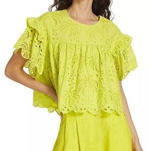 Farm Rio Palm Tree Richilier 100% cotton Ruffled Blouse Lime Green Size XL